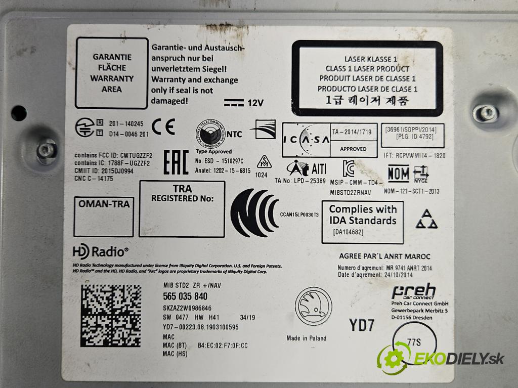 Skoda Octavia III 2013- 1.5 TSI 150 HP manual 110 kW 1498 cm3 5- Navigácia: čítačka 565035840
