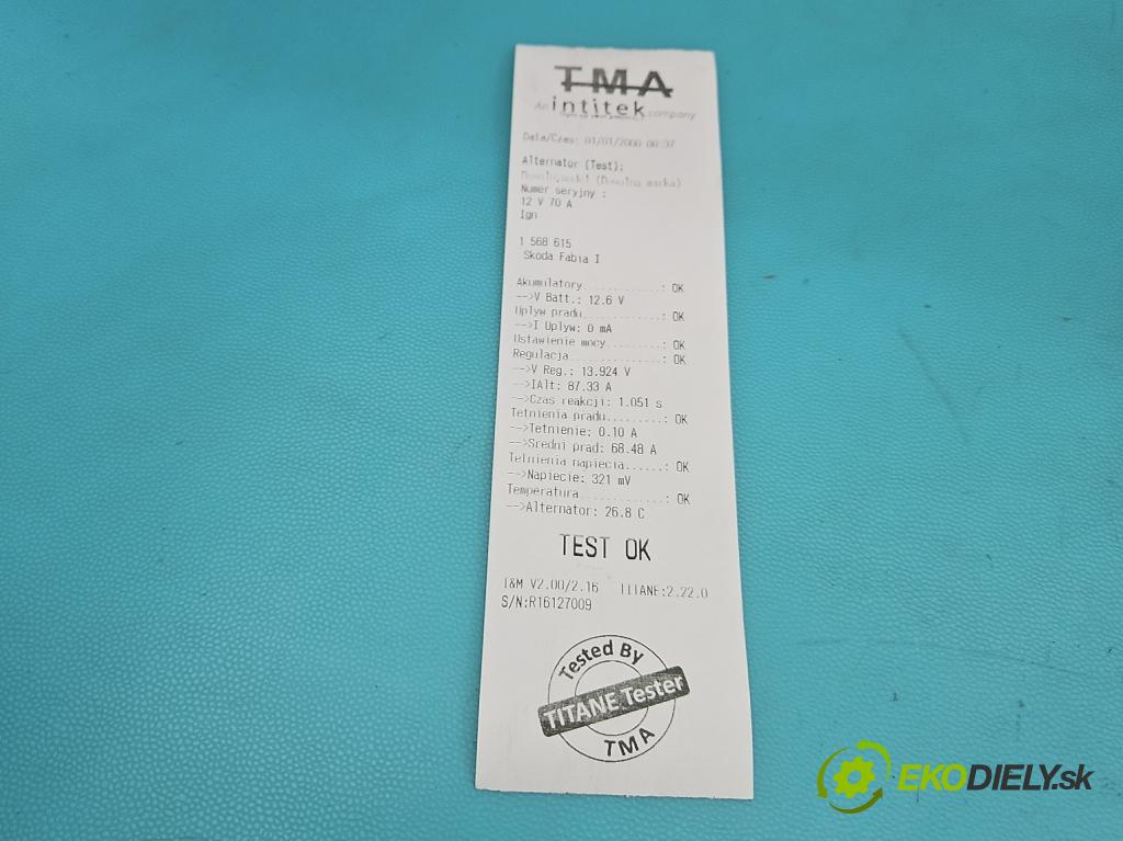 Skoda Fabia I 1999-2007 1.4 MPI 68 HP manual 50 kW 1397 cm3 5- Alternator 0124315014 (Alternátor)