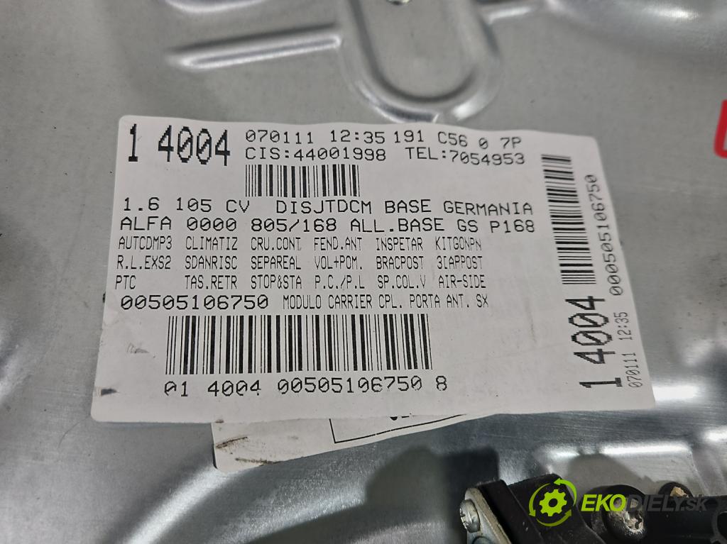 Alfa romeo Giulietta 1.6 jtd 105 HP manual 77 kW 1598 cm3 5- mechanizmus okna predné ľavý 0505106750