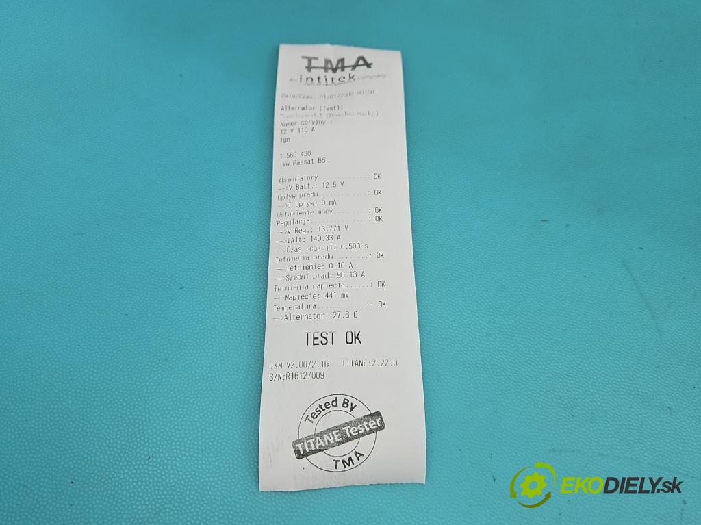 Vw Passat B6 2005-2010 1.6 8V 102 HP manual 75 kW 1595 cm3 5- Alternator 06F903023G (Alternátor)