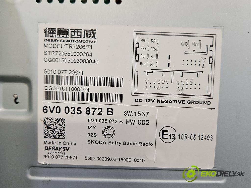 Skoda Fabia III 2014- 2021 1.0 MPI 60 hp manual 44 kW 999 cm3 5- Radio továrna: 6V0035872B