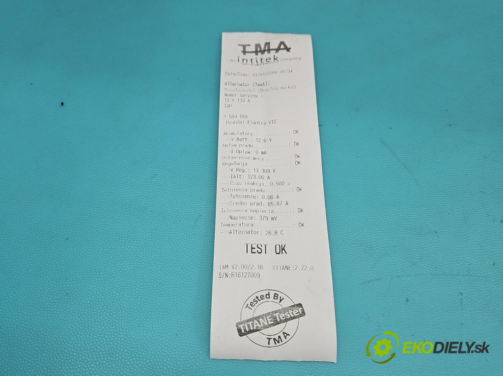 Hyundai Elantra VII 2020- 1.6 16V manual 90.2 kW 1598 cm3 4- Alternator 23300-2M317 (Alternátor)