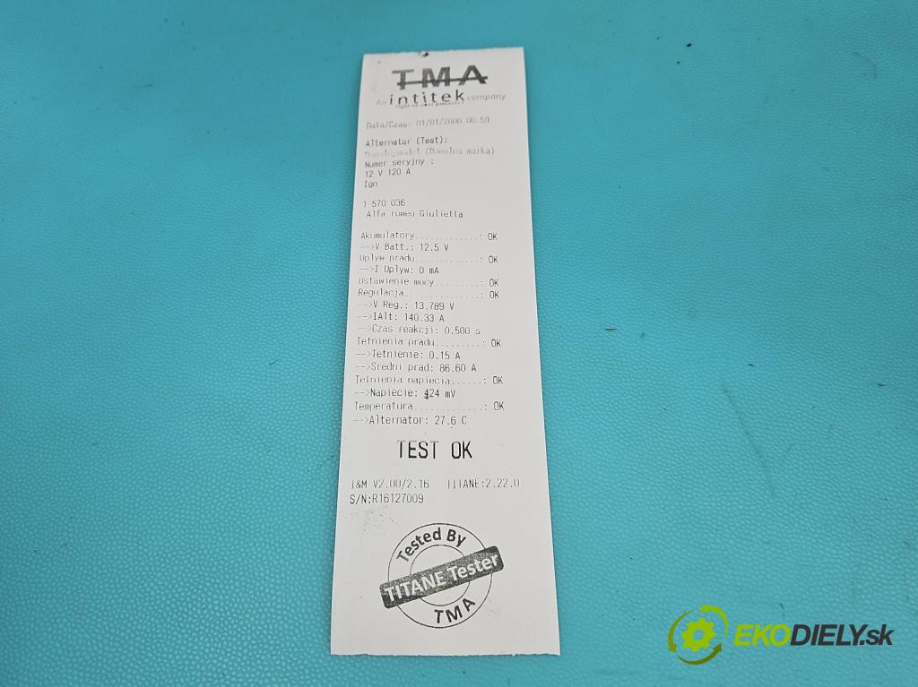 Alfa romeo Giulietta 1.6 jtd 105 HP manual 77 kW 1598 cm3 5- Alternator 51820624 (Alternátor)