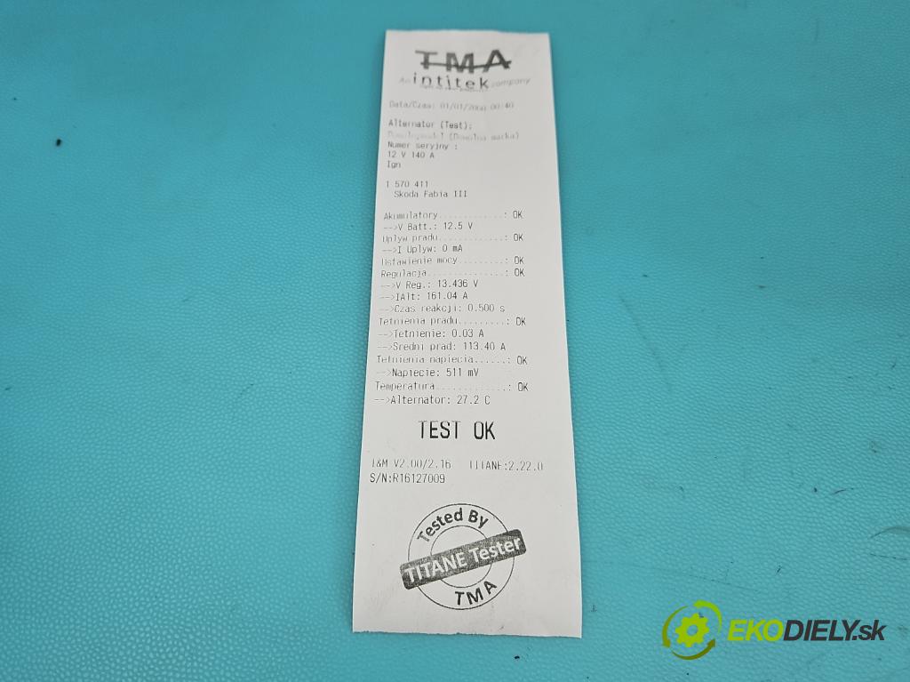 Skoda Fabia III 2014- 2021 1.0 MPI 60 HP manual 44 kW 999 cm3 5- Alternator 04C903023C (Alternátor)