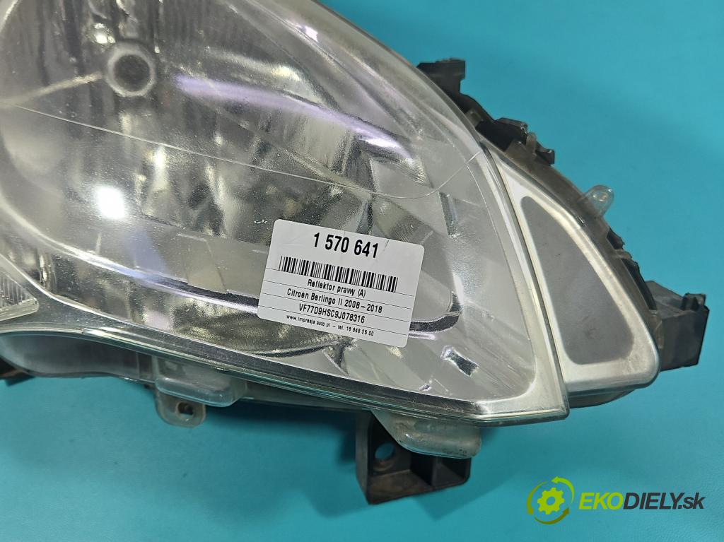 Citroen Berlingo II 2008-2018 1.6 hdi 90 HP manual 66 kW 1560 cm3 5- Reflektor: pravý 9682828180 (Svetlo predné pravé)