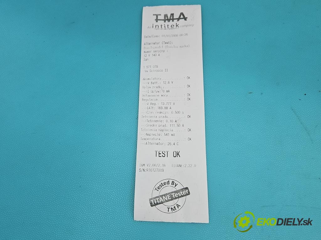 Vw Scirocco II 2008-2017 1.4 TSI 160 HP manual 118 kW 1390 cm3 3- Alternator 0124525093 (Alternátor)