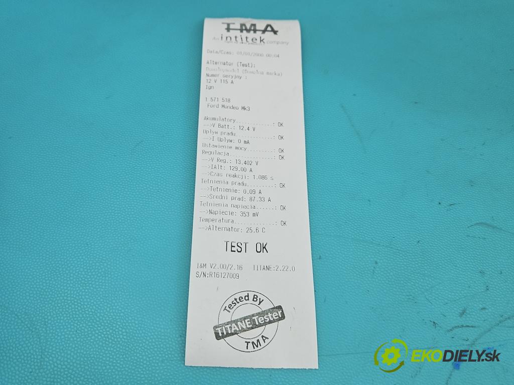 Ford Mondeo Mk3 2000-2007 1.8 16V 110 HP manual 81 kW 1798 cm3 5- Alternator  (Alternátor)