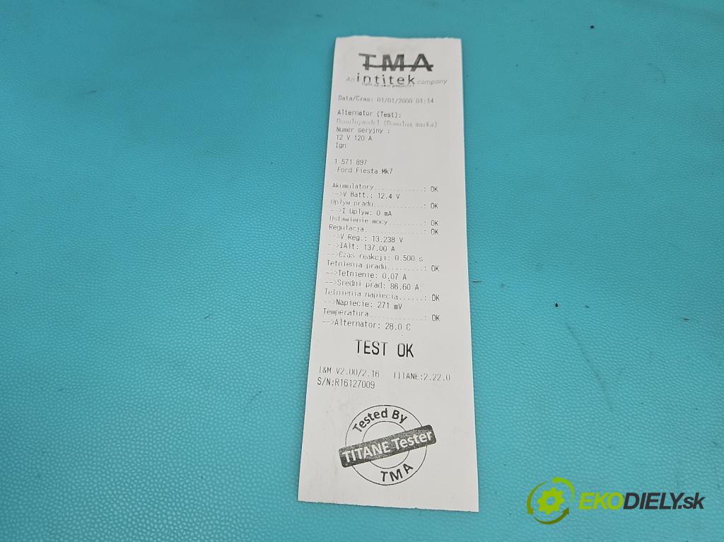 Ford Fiesta Mk7 2008-2017 1.2 16V 82 HP manual 60 kW 1242 cm3 3- Alternator 7G9N-10300-CC (Alternátor)