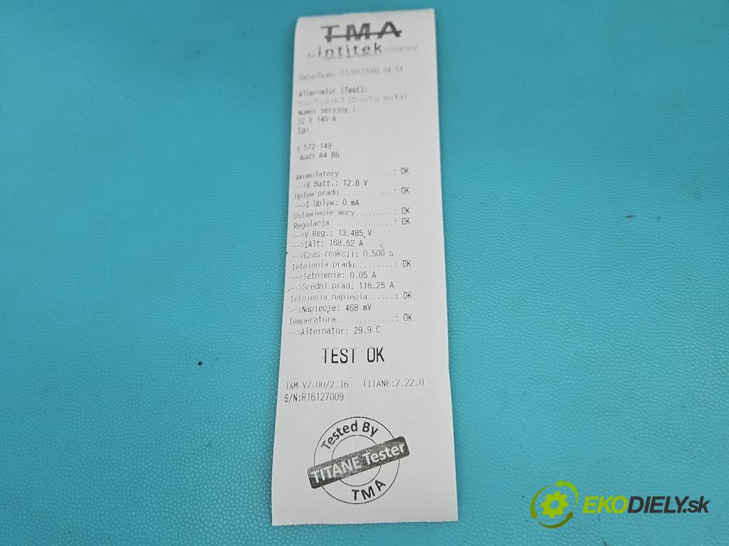 Audi A4 B6 2000-2004 1.9 tdi 131 HP manual 96 kW 1896 cm3 5- Alternator 06F903023H (Alternátor)