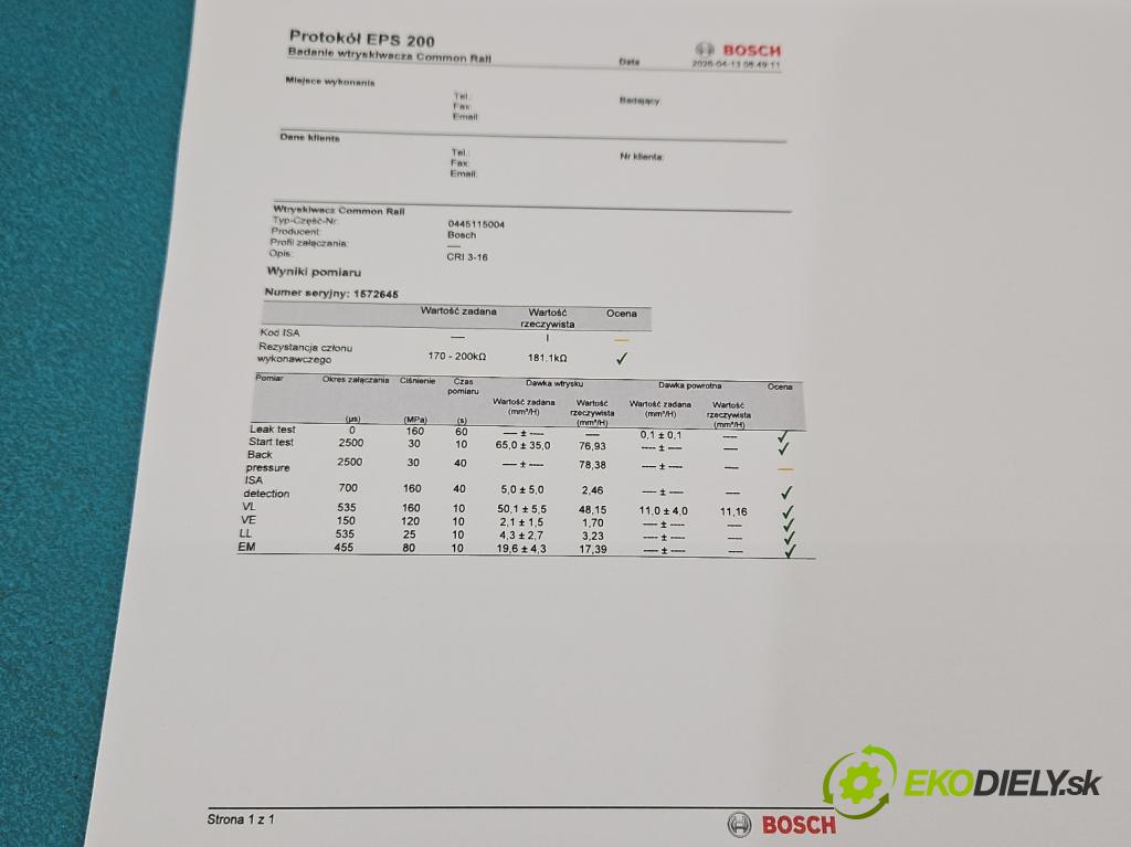 Audi A4 B7 2004-2008 3.0 tdi BKN: 204 HP automatic 150 kW 2967 cm3 5- vstrek 0445115004 (Vstrekovač paliva)