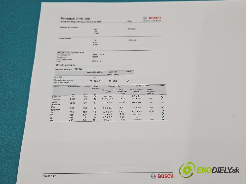 Audi A4 B7 2004-2008 3.0 tdi BKN: 204 HP automatic 150 kW 2967 cm3 5- vstrek 0445115004 (Vstrekovač paliva)