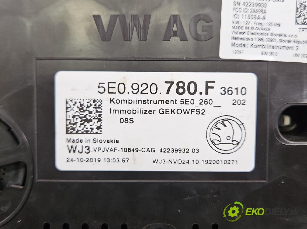Skoda Octavia III 2013- 1.5 TSI 150 HP manual 110 kW 1498 cm3 5- prístrojovka/ budíky 5E0920780F (Prístrojová doska)
