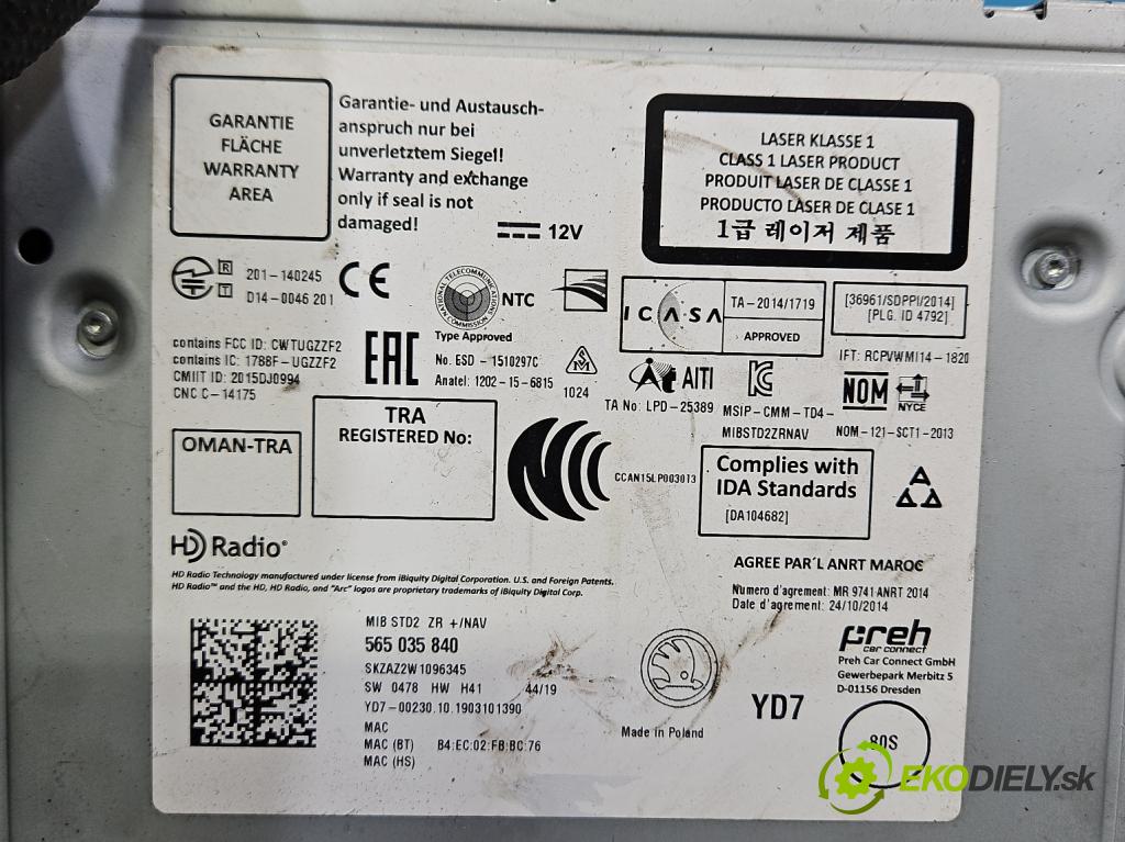 Skoda Octavia III 2013- 1.5 TSI 150 hp manual 110 kW 1498 cm3 5- Navigace: čtečka 565035840