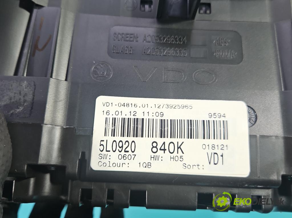 Skoda Yeti 2009-2017 2.0 tdi 110 HP manual 81 kW 1968 cm3 5- prístrojovka/ budíky 5L0920840K (Prístrojová doska)