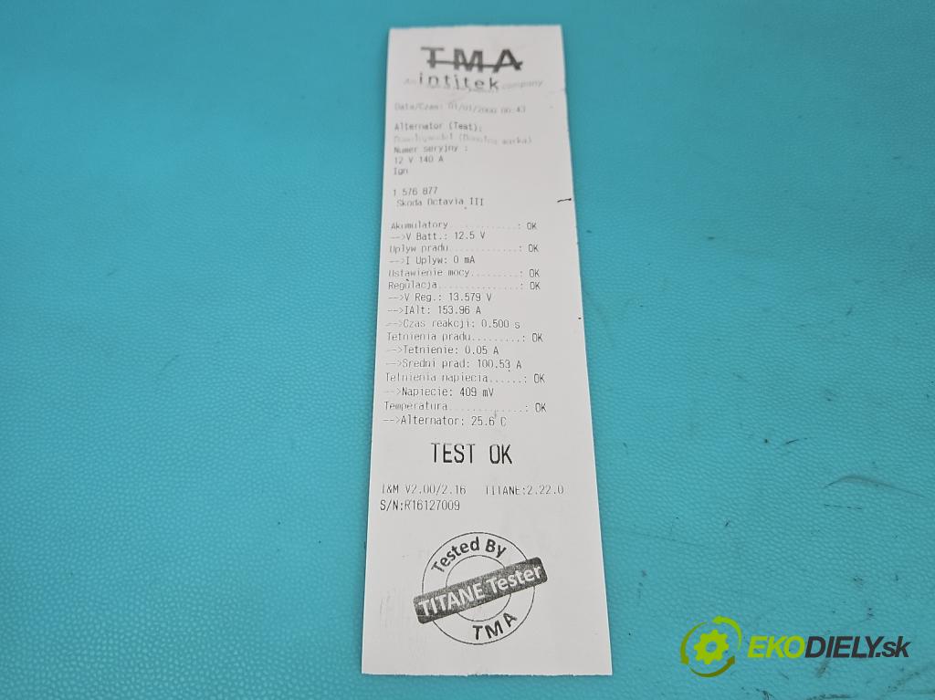 Skoda Octavia III 2013- 1.5 TSI 150 HP manual 110 kW 1498 cm3 5- Alternator 05E903026C (Alternátor)