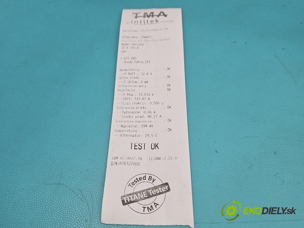 Skoda Fabia III 2014- 2021 1.0 TSI 95 hp manual 70 kW 999 cm3 5- Alternator 04E903015 (Alternátor)