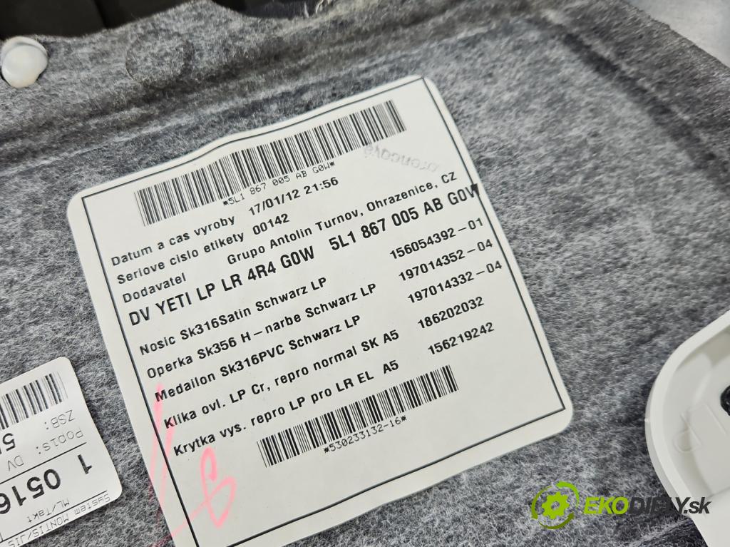 Skoda Yeti 2009-2017 2.0 tdi 110 HP manual 81 kW 1968 cm3 5- Čalounictví: dvere predné ľavé 5L1867005AB