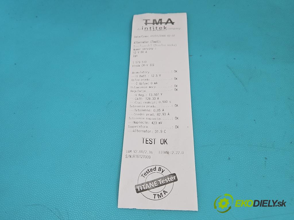 Honda CR-V III 2006-2011 2.2 i-CTDi 150 HP manual 110 kW 2199 cm3 5- Alternator 104210-1140 (Alternátor)