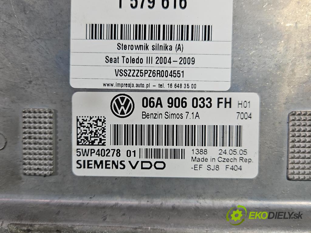 Seat Toledo III 2004-2009 1.6 SR 102 hp manual 75 kW 1595 cm3 5- řídící jednotka motoru 06A906033FH