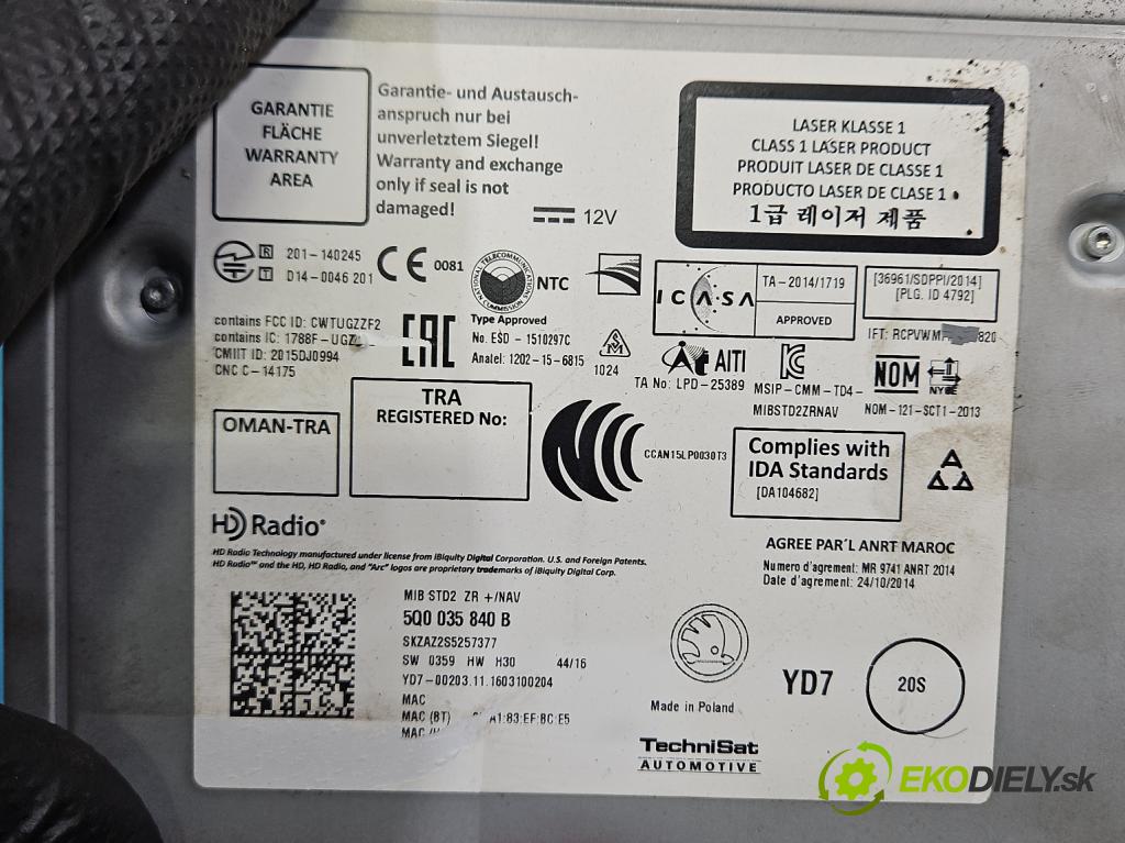 Skoda Octavia III 2013- 1.4 TSI 150 hp manual 110 kW 1395 cm3 5- Navigace: čtečka 5Q0035840B