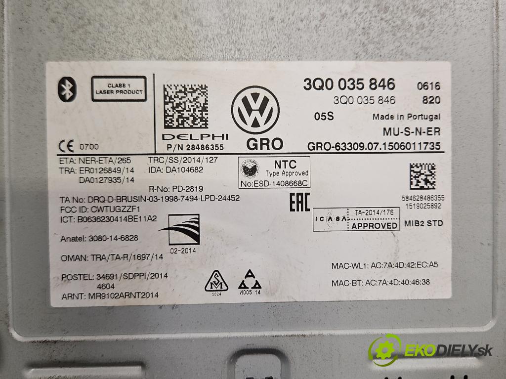 Vw Passat B8 2014- 2.0 TDI 150 HP automatic 110 kW 1968 cm3 5- Navigácia: čítačka 3Q0035846