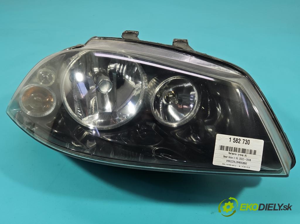 Seat Ibiza III 6L 2002-2008 1.4 16V 75 HP manual 55 kW 1390 cm3 5- Reflektor: pravý 6L1941752B (Svetlo predné pravé)