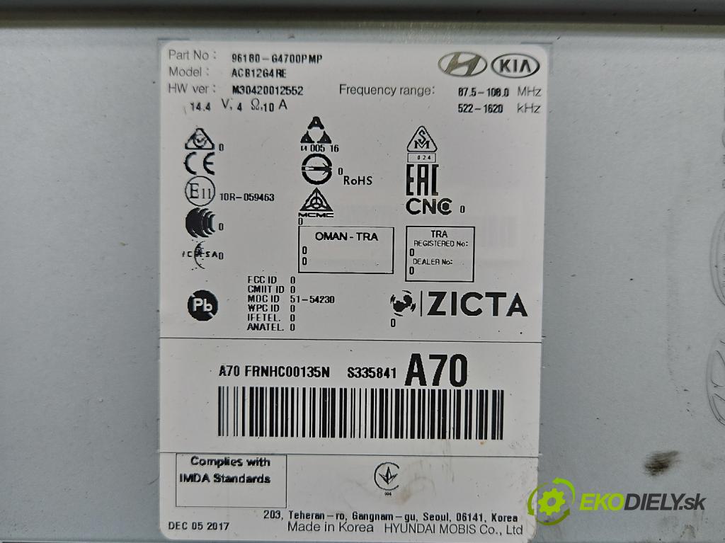 Hyundai I30 III 2016- 1.4 16V 100 HP manual 73.3 kW 1368 cm3 5- Radio originál 96180-G4700PMP