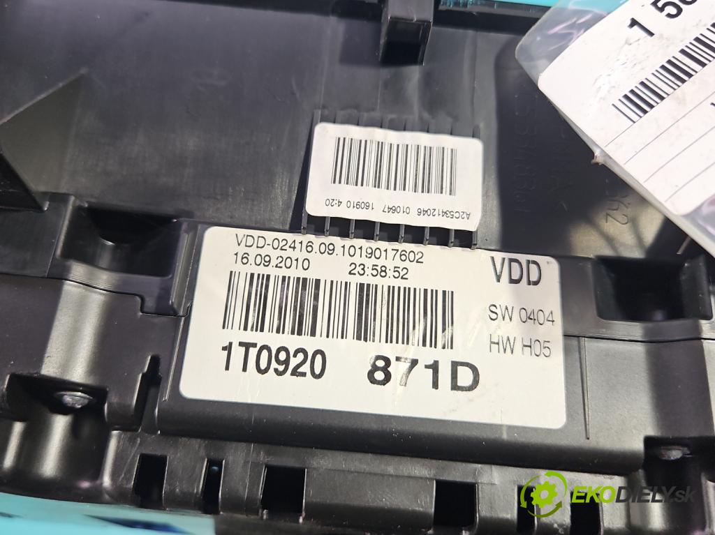Vw Touran I 2003-2015 1.6 tdi 105 HP manual 77 kW 1599 cm3 5- prístrojovka/ budíky 1T0920871D (Prístrojová doska)