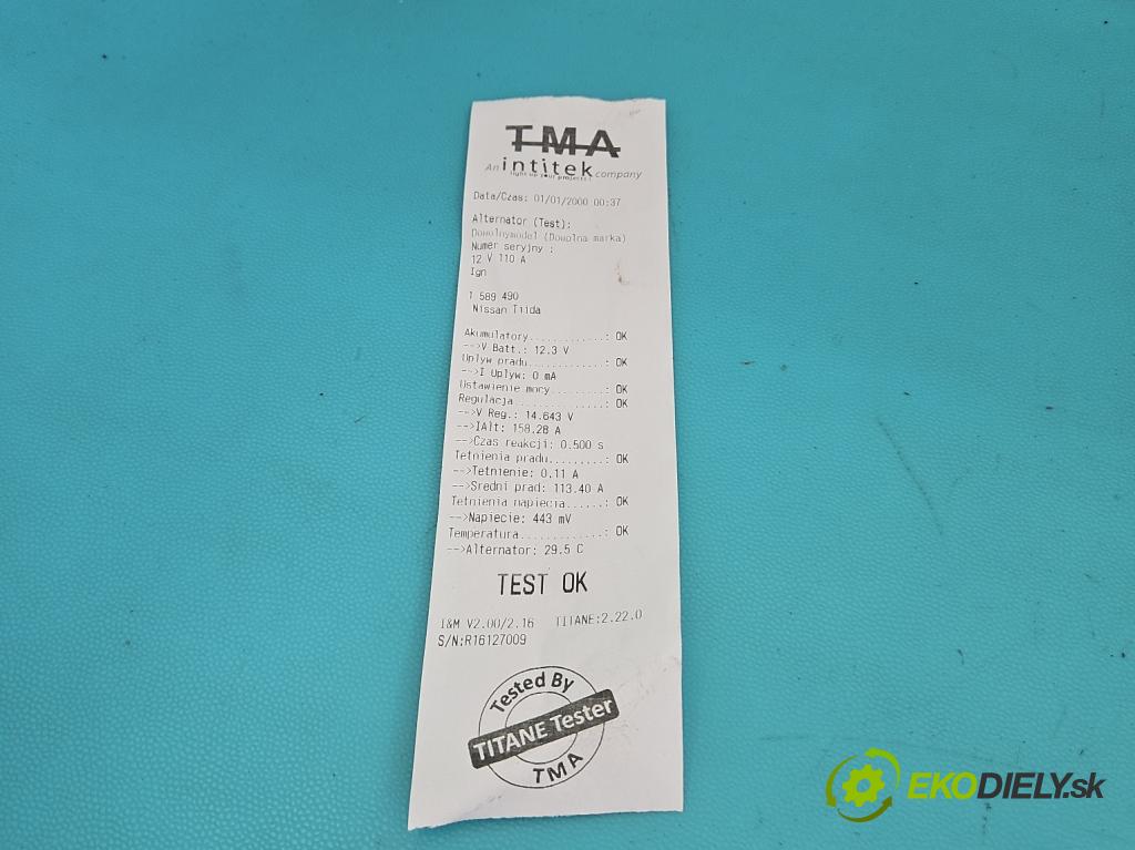 Nissan Tiida 1.8 16V 125 HP automatic 92 kW 1798 cm3 5- Alternator 2310EM01B (Alternátor)