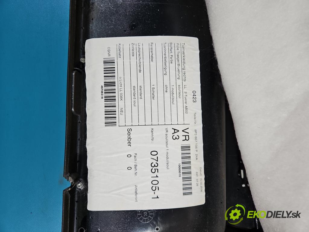 Audi A3 8P 2003-2012 1.9 tdi 105 HP manual 77 kW 1896 cm3 3- Čalounictví: dvere predné pravé