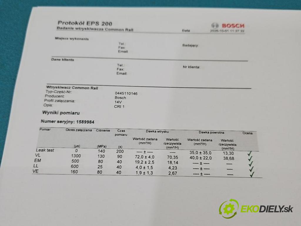 Opel Vivaro 2001-2014 1.9 cdti 82 hp manual 60 kW 1870 cm3 5- vstřikovač diesel 0445110146