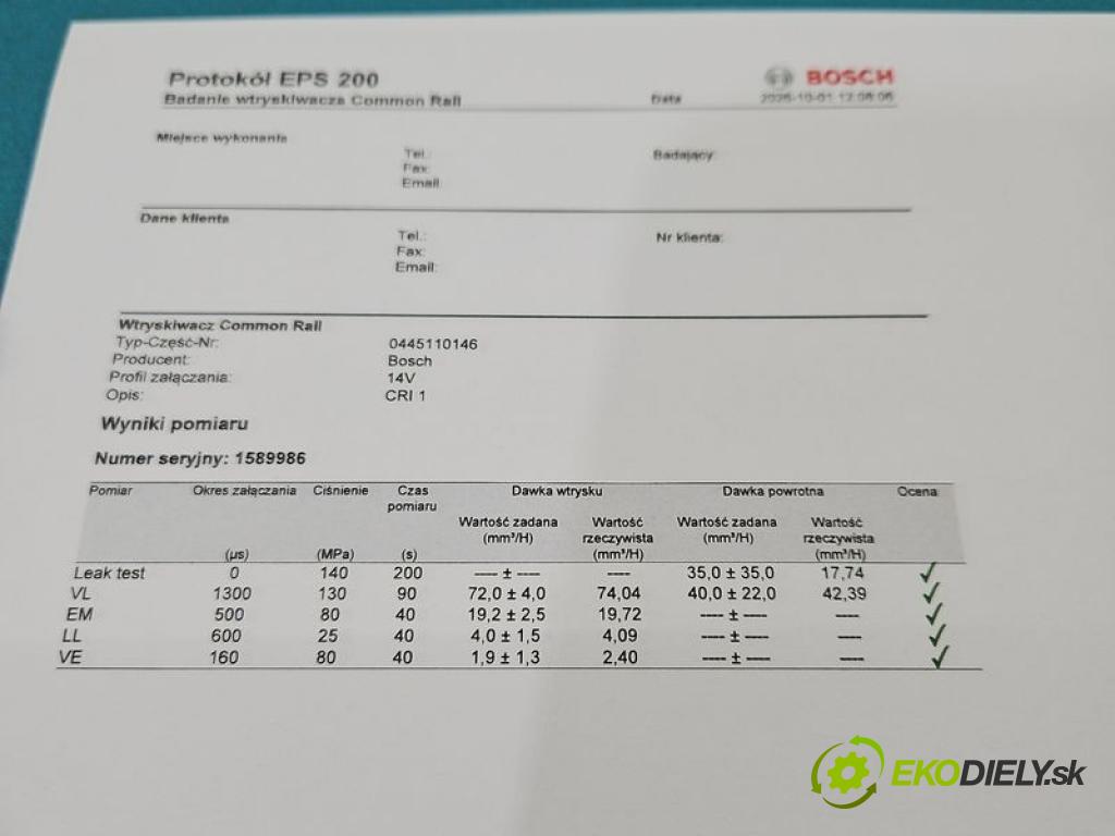 Opel Vivaro 2001-2014 1.9 cdti 82 hp manual 60 kW 1870 cm3 5- vstřikovač diesel 0445110146