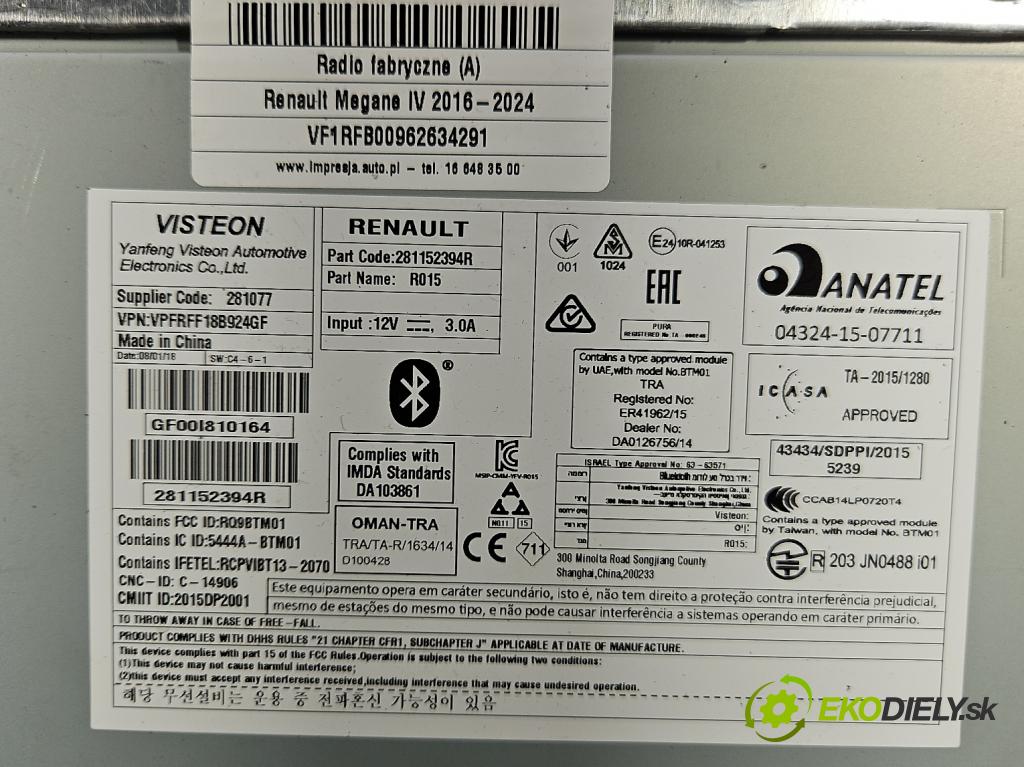 Renault Megane IV 2016-2024 1.5 dci 116 HP manual 85 kW 1461 cm3 5- Radio originál 281152394R