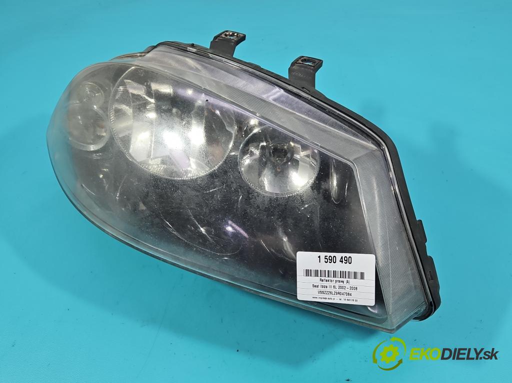 Seat Ibiza III 6L 2002-2008 1.4 16V 86 HP manual 63 kW 1390 cm3 5- Reflektor: pravý 6L1941006M (Svetlo predné pravé)