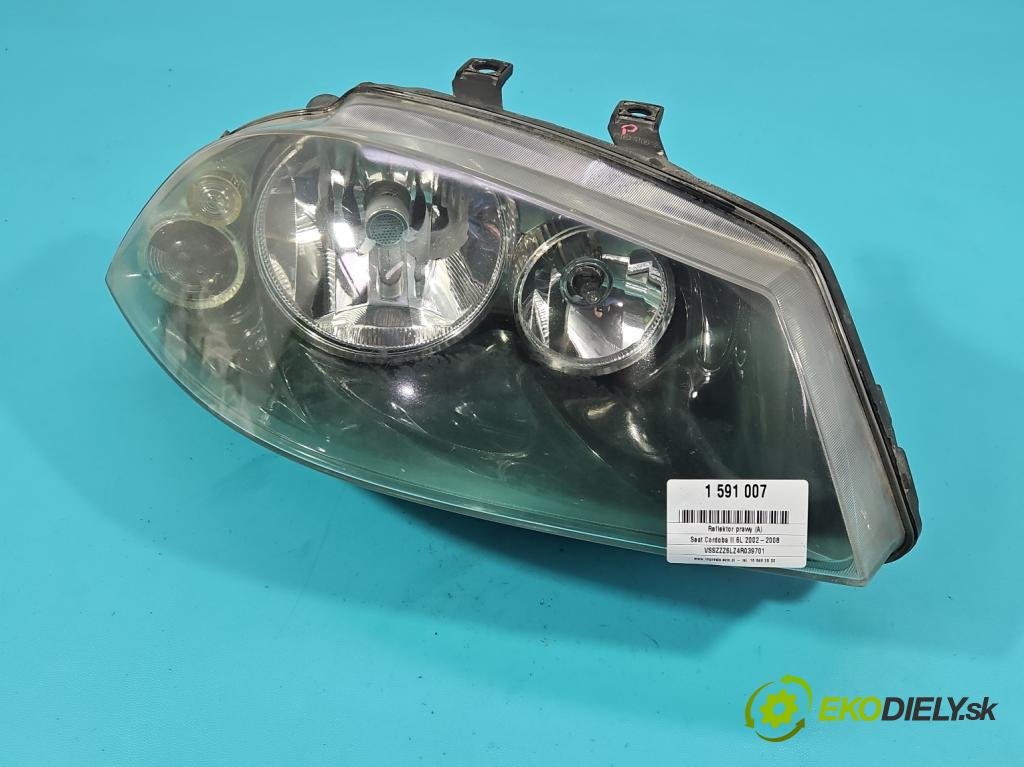 Seat Cordoba II 6L 2002-2008 1.4 16V 75 HP manual 55 kW 1390 cm3 4- Reflektor: pravý  (Svetlo predné pravé)