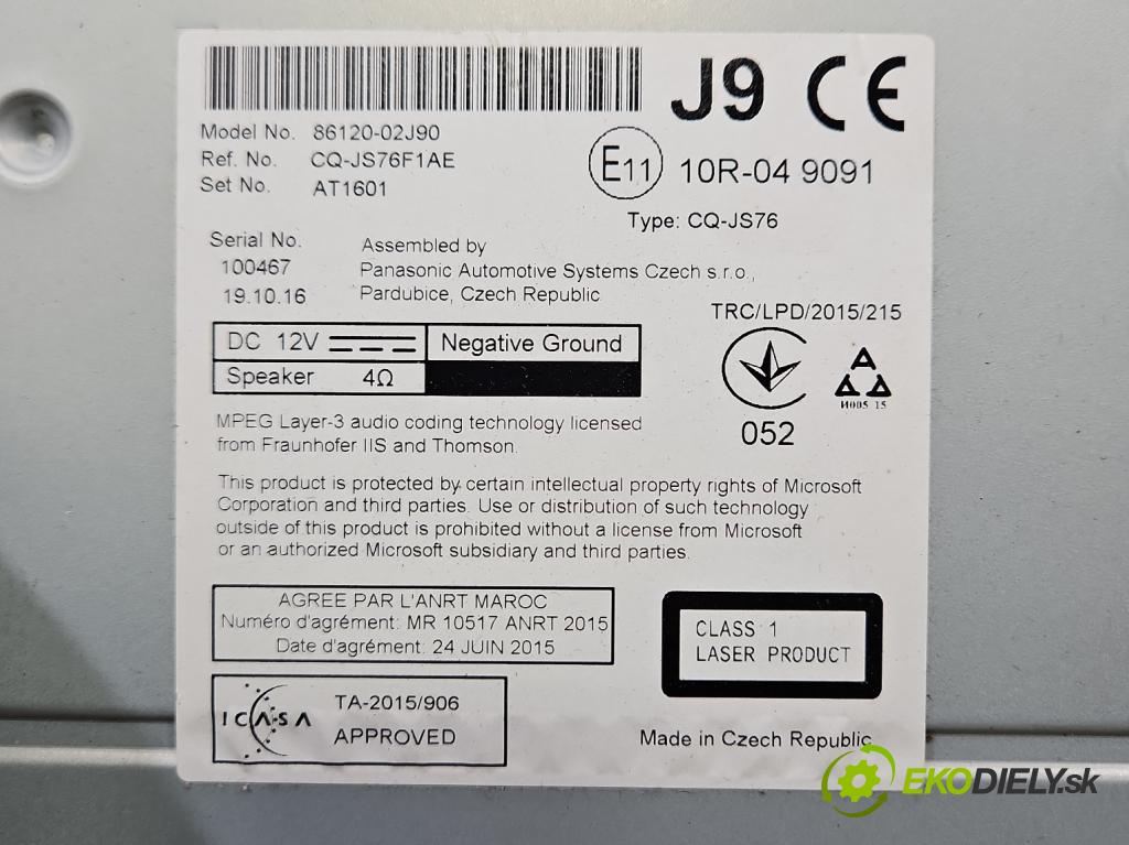 Toyota Corolla E16/E18  2013-2019 1.3 16V 99 HP manual 73 kW 1329 cm3 4- Radio originál 86120-02J90