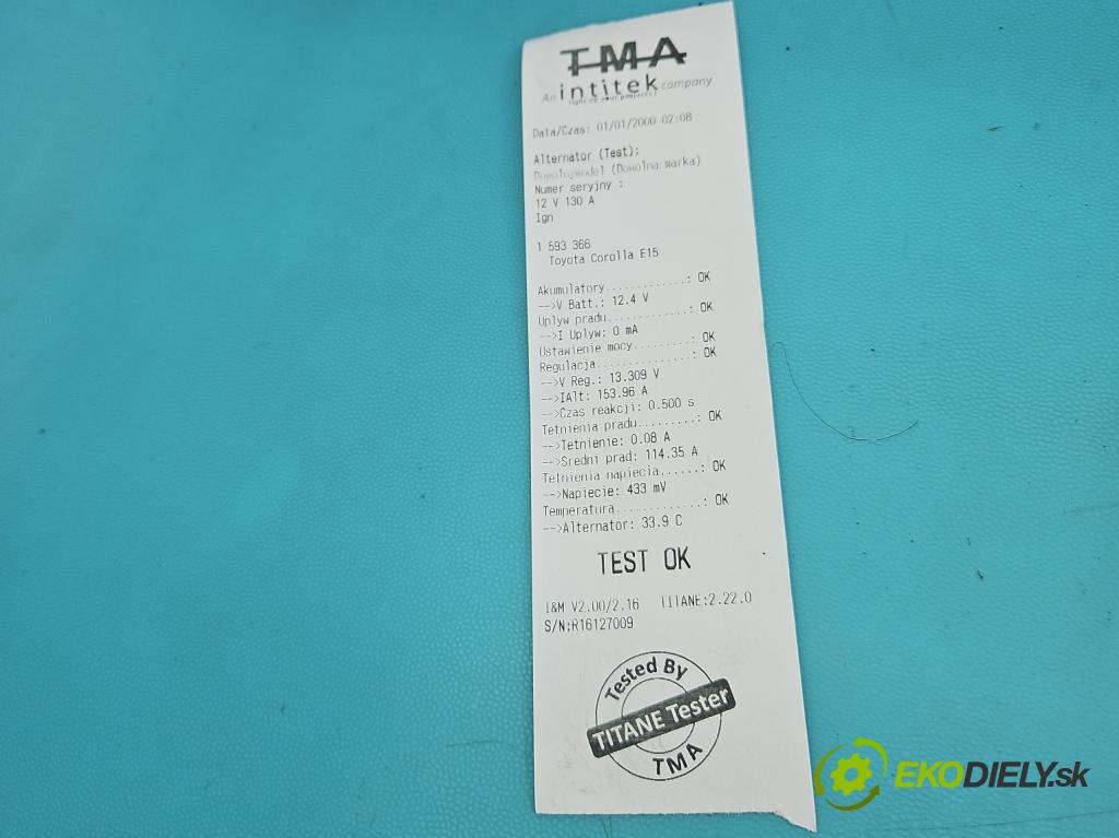 Toyota Corolla E15 2007-2014 1.6 vvti 132  HP manual 97 kW 1598 cm3 4- Alternator 27060-0T091 (Alternátor)
