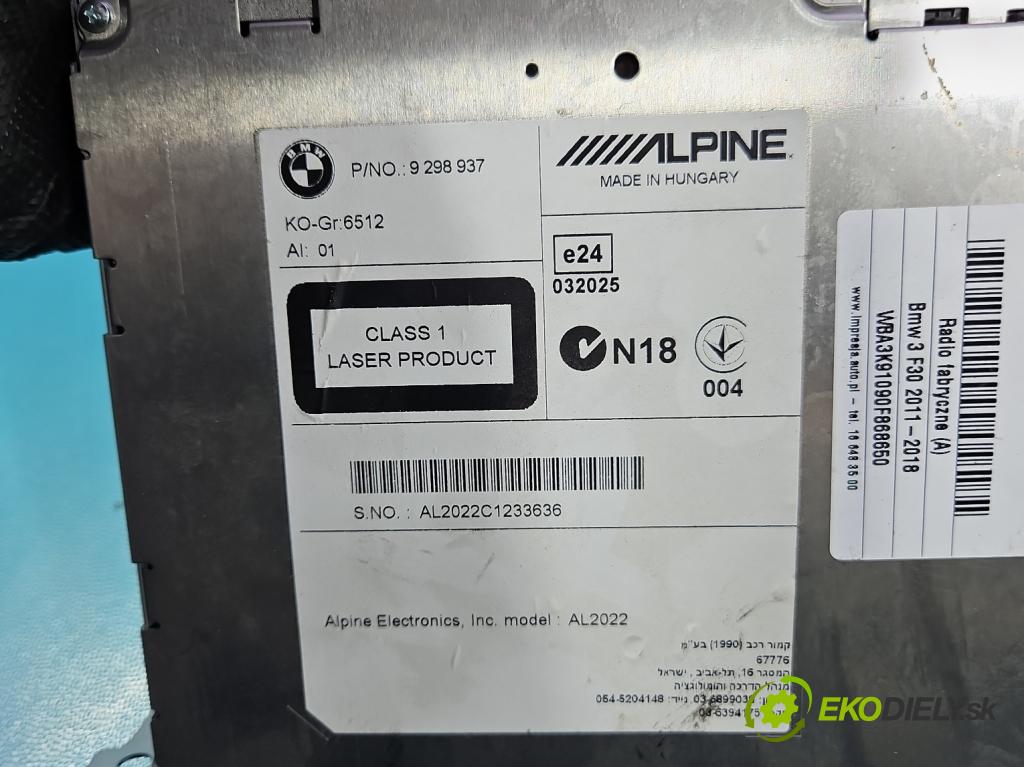 Bmw 3 F30 2011-2018 2.0d 116 HP manual 85 kW 1995 cm3 5- Radio originál 9298937