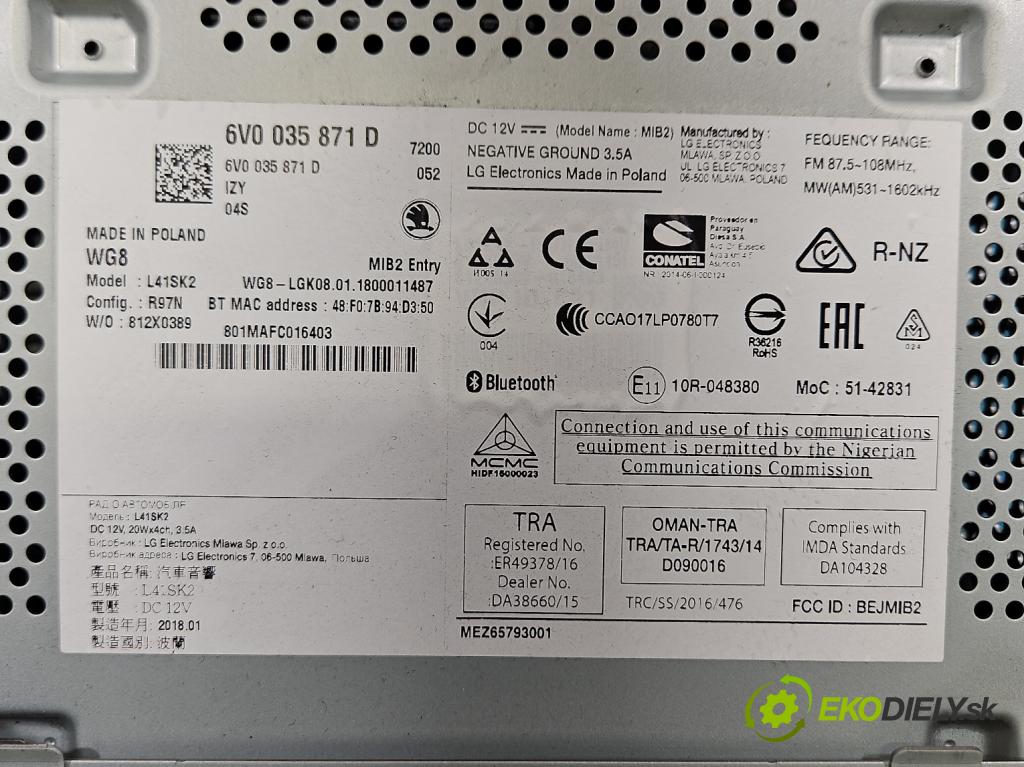 Skoda Fabia III 2014-2021 1.4 tdi 105 HP manual 77 kW 1422 cm3 5- Radio originál 6V0035871D