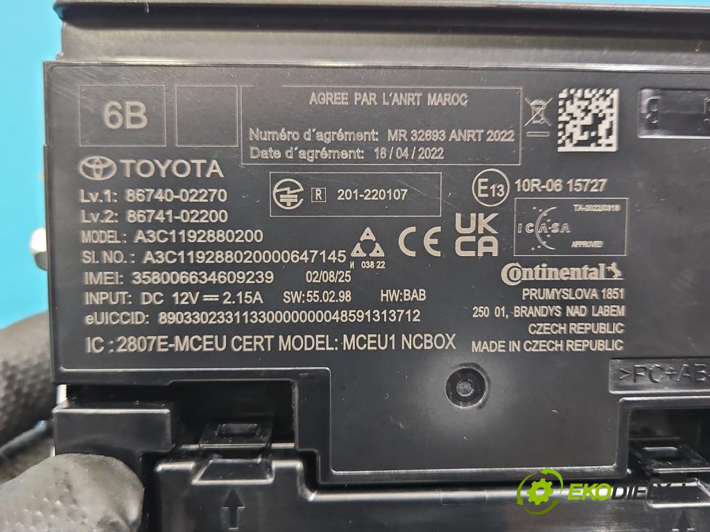 Toyota Corolla E21 2019- 1.8 16V 98 HP automatic 72 kW 1798 cm3 4- riadiaca jednotka ostatné 86740-02270