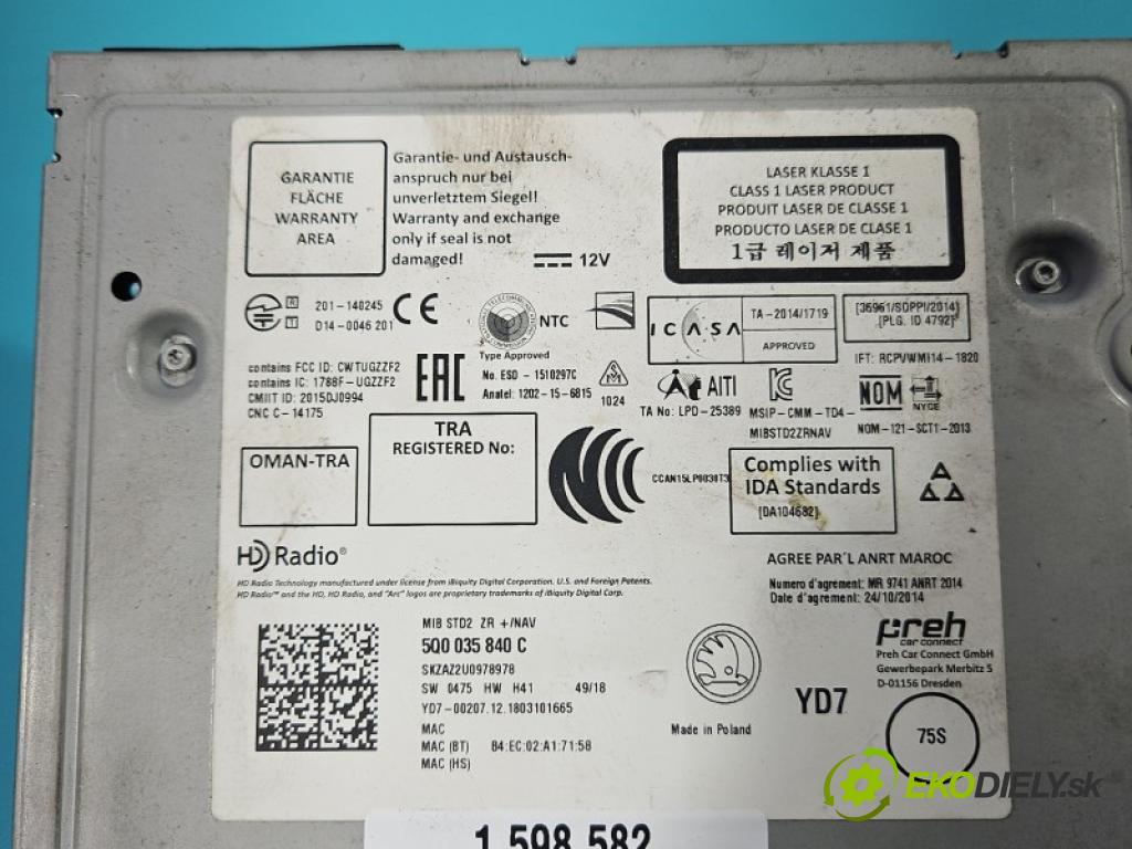 Skoda Octavia III 2013- 1.6 tdi DGT 116 hp manual 85 kW 1598 cm3 5- Navigace: čtečka 5Q0035840C