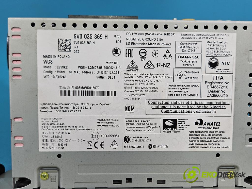 Skoda Fabia III 2014-2021 1.0 MPI 60 HP manual 44 kW 999 cm3 5- Radio originál 6V0035869H