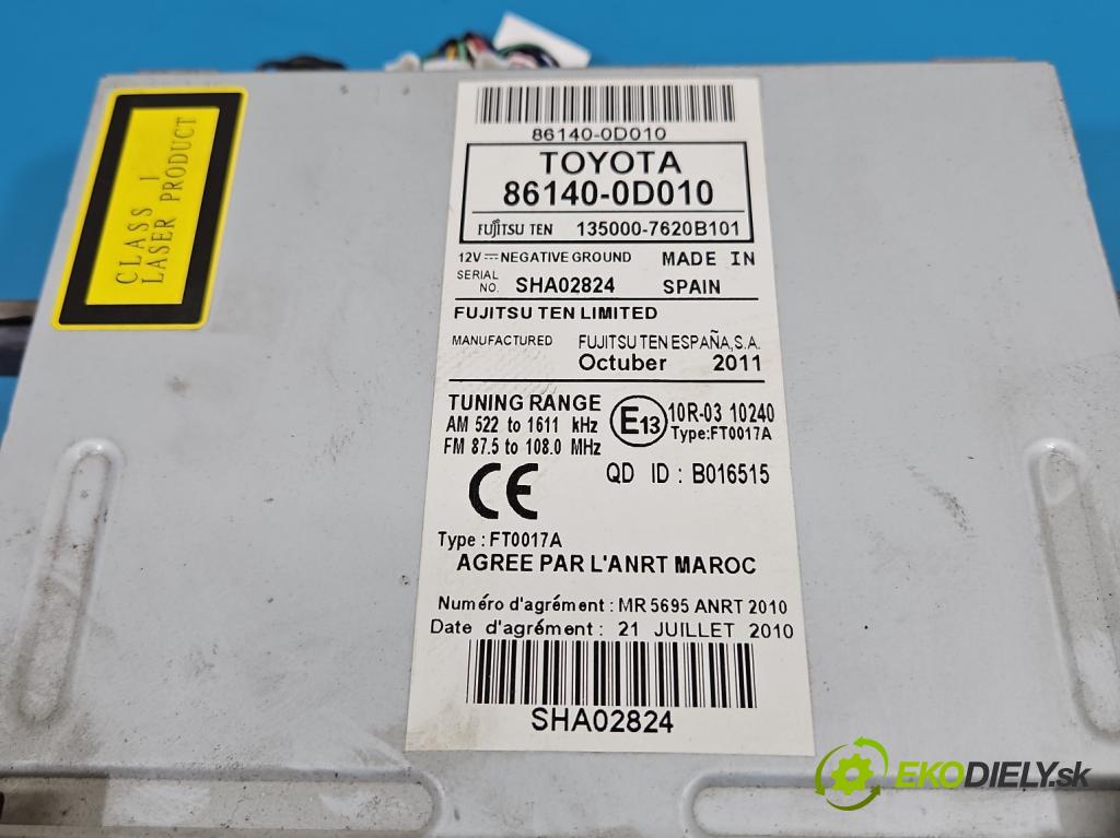 Toyota Yaris III 2011-2020 1.3 vvti 99 hp manual 73 kW 1329 cm3 5- Radio továrna: 86140-0D010