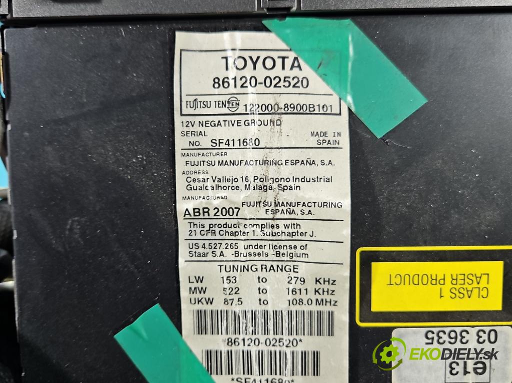 Toyota Auris I 2006-2013 1.4 D4D 90 HP automatic 66 kW 1364 cm3 3- Radio originál 86120-02520