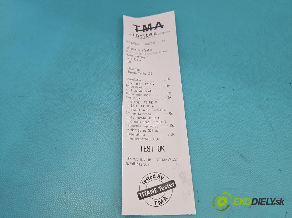 Toyota Yaris III 2011-2020 1.3 vvti 99 hp manual 73 kW 1329 cm3 5- Alternator 27060-0Y130 (Alternátor)