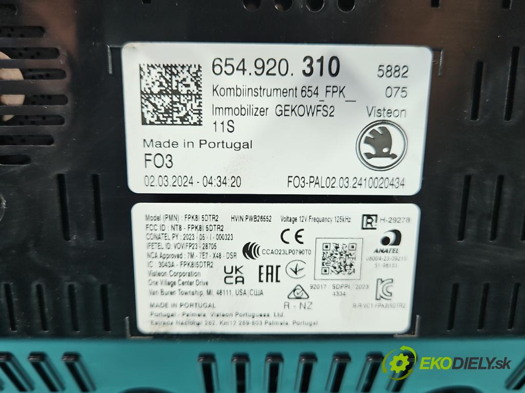 Skoda Fabia IV 2021- 1.0 TSI 116 HP manual 85 kW 999 cm3 5- prístrojovka/ budíky 654920310 (Prístrojová doska)