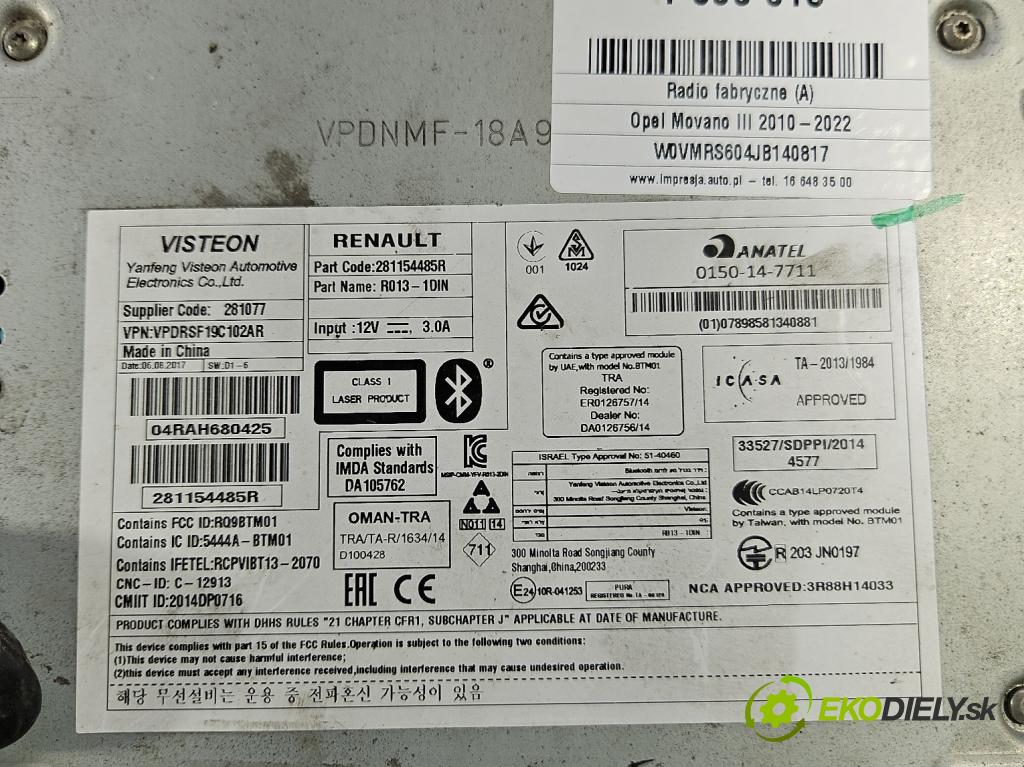 Opel Movano III 2010-2022 2.3 cdti 145 HP manual 107 kW 2299 cm3 5- Radio originál 281154485R
