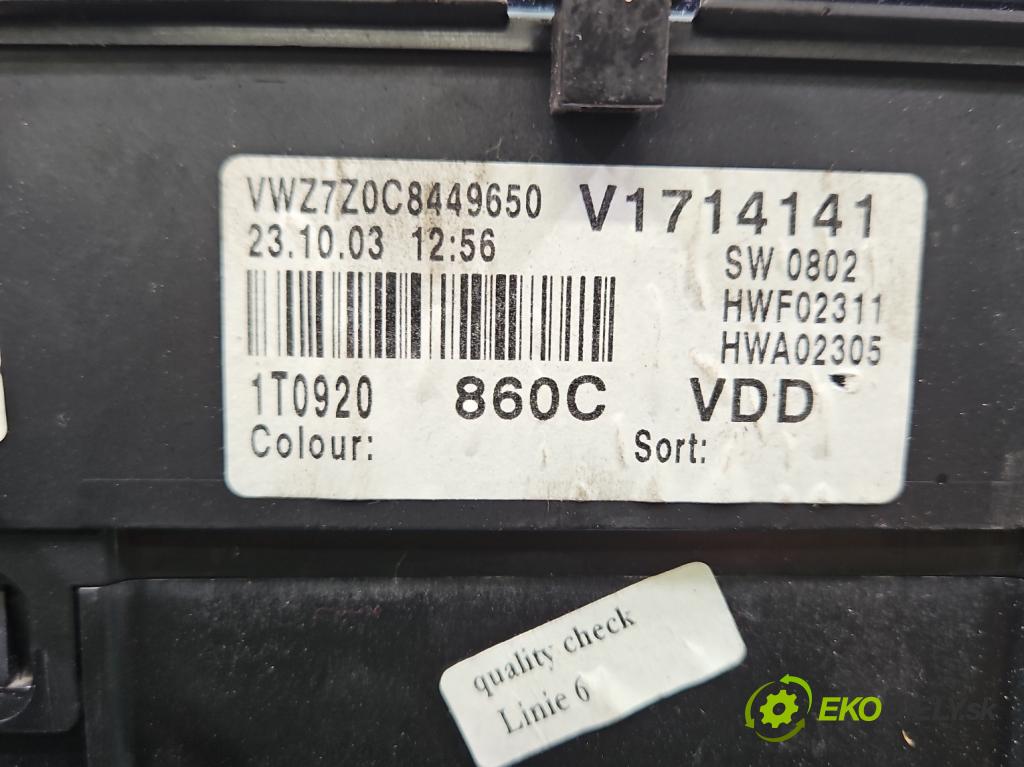 Vw Touran I 2003-2015 1.9 tdi 101 HP manual 74 kW 1896 cm3 5- prístrojovka/ budíky 1T0920860C (Prístrojová doska)