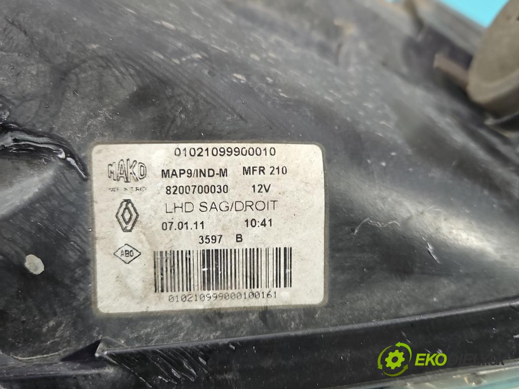 Renault Thalia II 2008-2013 1.2 16V 75 HP manual 55 kW 1149 cm3 4- Reflektor: pravý 8200700030 (Svetlo predné pravé)