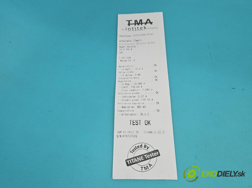 Mazda CX-3 2014-2021 1.5d 105 HP manual 77 kW 1499 cm3 5- Alternator A2TX4781ZT (Alternátor)